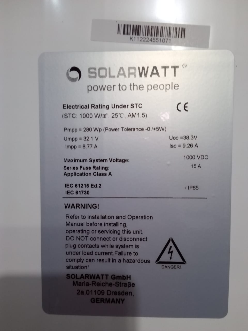 Panneaux Solaires SOLARWATT 280Wp